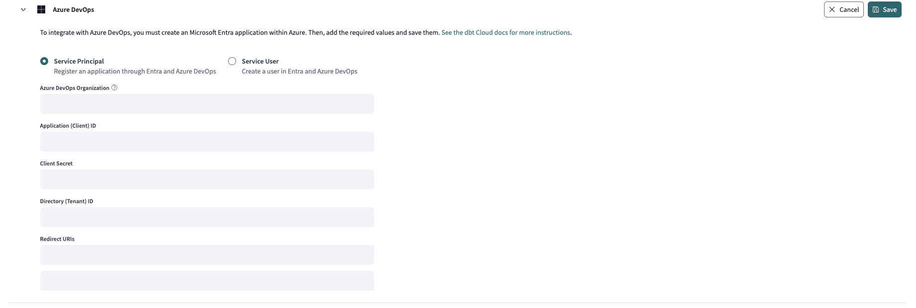 Fields for adding Entra ID app to dbt Cloud.